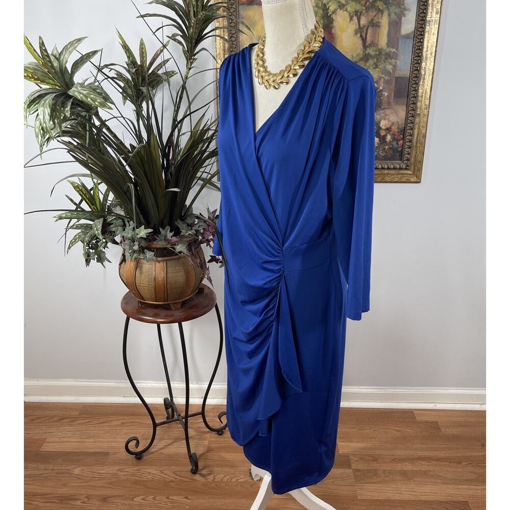 Venus Royal Blue Faux Wrap Ruched Midi Dress XL 3/4 Sleeve - Picture 7 of 12